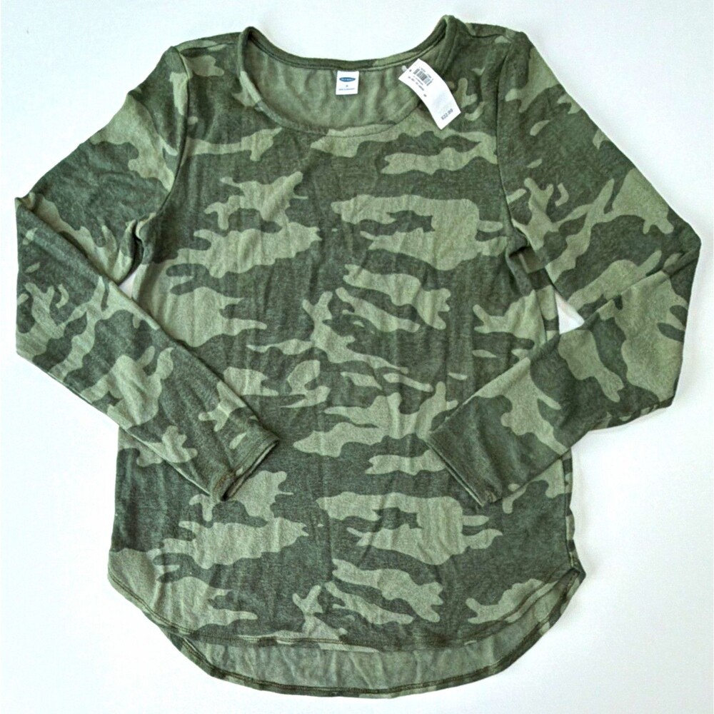 Old Navy Women’s S Green Camouflage Crew Neck Long Sleeve Stretch Knit Tee